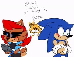 Size: 2048x1583 | Tagged: safe, artist:kittytale, miles "tails" prower, nicole the handheld, sally acorn, sonic the hedgehog, chipmunk, fox, hedgehog, 2026, alternate universe, au:all in (kittytale), blushing, crossed arms, duo focus, english text, female, holding something, looking at them, looking offscreen, male, meme, not amused, roboticized, sally x sonic, sally's ringblader outfit, shipping, shy, simple background, standing, straight, trio, white background