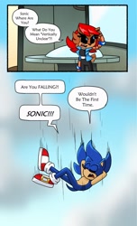 Size: 1244x2048 | Tagged: safe, artist:kittytale, sally acorn, sonic the hedgehog, chipmunk, hedgehog, 2026, alternate universe, au:all in (kittytale), clouds, comic, daytime, dialogue, duo, english text, eyes closed, falling, female, indoors, male, outdoors, roboticized, sally x sonic, sally's ringblader outfit, shipping, speech bubble, straight