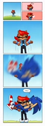 Size: 726x2048 | Tagged: safe, artist:kittytale, sally acorn, sonic the hedgehog, chipmunk, hedgehog, 2026, alternate universe, au:all in (kittytale), carrying them, catch, comic, daytime, dialogue, duo, english text, falling, female, grass, hill, looking at each other, looking up, male, outdoors, question mark, roboticized, sally x sonic, sally's ringblader outfit, shipping, smile, smiling at each other, speech bubble, straight