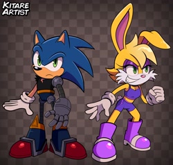 Size: 3608x3428 | Tagged: safe, artist:kitareartist, bunnie rabbot, sonic the hedgehog, hedgehog, rabbit, 2026, alternate universe, duo, female, fist, grin, looking at viewer, looking offscreen, male, pose, roboticized, role swap, standing