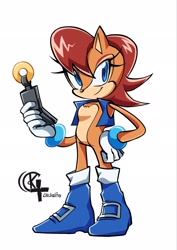 Size: 1453x2048 | Tagged: safe, artist:chickuito, nicole the handheld, sally acorn, chipmunk, 2026, female, holding something, pose, ringblader, sally's ringblader outfit, simple background, solo, standing, white background