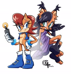 Size: 1980x2048 | Tagged: safe, artist:chickuito, nicole the handheld, nicole the hololynx, sally acorn, chipmunk, lynx, 2026, female, floating, grin, holding something, hololynx, mid-air, nicole's purple wraps, pose, ringblader, sally's vest and boots, simple background, smile, solo, standing, white background