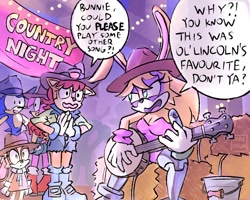 Size: 1200x960 | Tagged: safe, artist:dorefatum, amy rose, bunnie rabbot, cream the rabbit, sally acorn, sonic the hedgehog, chipmunk, hedgehog, rabbit, 2026, bucket, child, clothes, cowboy hat, cowboy outfit, cybernetic, cyborg, dialogue, english text, group, hat, hay, holding something, indoors, light, looking at each other, looking at them, musical instrument, playing music, ringblader, sitting, speech bubble, talking