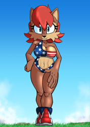 Size: 595x842 | Tagged: suggestive, artist:cakesington, sally acorn, chipmunk, 2026, american flag, cloud, country flag, daytime, female, grass, hand on hip, looking at viewer, outdoors, pose, smile, smiling at viewer, solo, standing, swimsuit