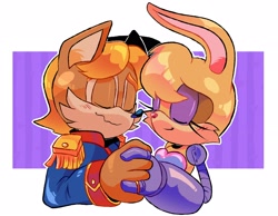 Size: 2700x2100 | Tagged: dead source, safe, artist:stellarspin, antoine d'coolette, bunnie rabbot, coyote, rabbit, 2022, blushing, buntoine, duo, eyes closed, female, holding hands, male, roboticized, shipping, simple background, smile, straight