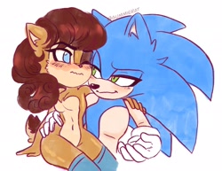 Size: 2048x1580 | Tagged: safe, artist:gummierat, sally acorn, sonic the hedgehog, chipmunk, hedgehog, 2023, blushing, duo, female, hand on another's back, hand on another's shoulder, looking at each other, male, naked, one eye closed, sally x sonic, sally's vest and boots, shipping, simple background, sitting, straight, white background