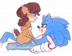 Size: 2048x1608 | Tagged: suggestive, artist:gummierat, sally acorn, sonic the hedgehog, chipmunk, hedgehog, 2023, blushing, duo, female, looking at each other, lying down, male, naked, open mouth, sally x sonic, sally's vest and boots, shipping, simple background, sitting, straight, white background