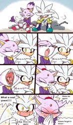 Size: 1000x1702 | Tagged: safe, artist:yotsumeddd, blaze the cat, silver the hedgehog, cat, hedgehog, 2024, blaze x silver, blushing, comic, dialogue, duo, english text, exhausted, eyes closed, fangs, female, looking at them, looking back, looking back at them, male, open smile, rock, shipping, shy, sitting, smile, smiling at them, sparkles, speech bubble, straight, surprised