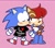 Size: 1564x1367 | Tagged: safe, artist:leso_universe, sally acorn, sonic the hedgehog, chipmunk, hedgehog, 2026, blushing, chibi, classic sally, classic sonic, classic style, clothes, duo, english text, eyes closed, female, hearts, kiss, kiss on cheek, looking at them, male, pink background, ringblader, sally x sonic, sally's vest and boots, shipping, shirt, simple background, standing, straight, t-shirt