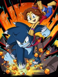 Size: 3072x4096 | Tagged: safe, artist:silvers_rings, sally acorn, sonic the hedgehog, chipmunk, hedgehog, 2026, alternate version, bowtie, clothes, cosplay, crossover, donkey kong, donkey kong bananza, duo, english text, fangs, female, ground punch, holding something, male, nintendo, open mouth, open smile, sally x sonic, shipping, smile, sonic the werehog, straight, werehog