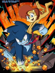 Size: 3072x4096 | Tagged: safe, artist:silvers_rings, sally acorn, sonic the hedgehog, chipmunk, hedgehog, 2026, alternate version, barefoot, bowtie, crossover, donkey kong, donkey kong bananza, duo, english text, fangs, female, ground punch, holding something, male, naked, nintendo, open mouth, open smile, sally x sonic, shipping, smile, sonic the werehog, straight, werehog