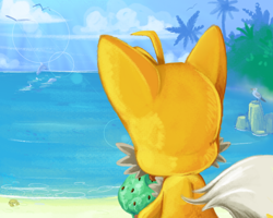 Size: 594x475 | Tagged: safe, artist:finimun, miles "tails" prower, bird, fox, 2012, beach, clouds, daytime, food, from behind, holding something, ice cream, licking, lineless, literal animal, male, ocean, outdoors, palm tree, plant, rock, sand, seagull, solo, standing, that fox sure loves mint candy, tongue out, tree, water