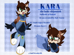 Size: 1280x960 | Tagged: safe, artist:yukineru06, oc, oc:kara the holo-chipmunk, chipmunk, hybrid, 2026, character name, clothes, duality, english text, eye clipping through hair, fankid, hologram screen, magical lesbian spawn, oc only, one fang, parent:nicole, parent:sally, parents:nically, smile, solo, standing, standing on one leg, text