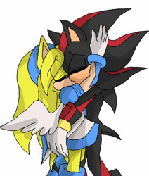Size: 600x709 | Tagged: safe, artist:can-i-steal-ur-heart, maria robotnik, shadow the hedgehog, oc, oc:maria the hedgehog, hedgehog, 2013, age difference, angel wings, clothes, duo, eye clipping through hair, eyes closed, female, holding each other, hugging, kiss, kiss on lips, male, maria x shadow, mobianified, pseudo-incest, shipping, simple background, standing, straight, white background, wings