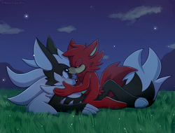 Size: 1280x972 | Tagged: safe, artist:sonamy43, gadget the wolf, infinite the jackal, jackal, wolf, 2021, blushing, bug, clouds, cute, duo, firefly, fluffy, gadgebetes, gay, grass, holding them, licking, literal animal, male, rookinite, shipping, sitting, smile, tongue out