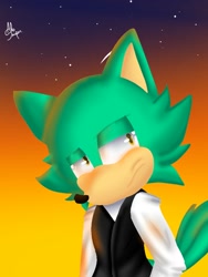 Size: 768x1024 | Tagged: safe, artist:alusniper, wolf, 2019, clothes, frown, gears the wolf, gradient background, lineless, male, outdoors, shooting star, signature, solo, star (sky)