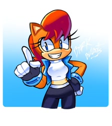 Size: 638x716 | Tagged: safe, artist:barkbillarts, sally acorn, chipmunk, 2026, artist signature, english text, female, gradient background, grin, hand on hip, looking at viewer, pose, redesign, sally's ringblader outfit, smile, smiling at viewer, solo, standing