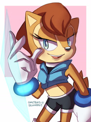 Size: 1280x1707 | Tagged: safe, artist:cometbird, sally acorn, chipmunk, 2020, english text, eyelashes, female, glowing, looking at viewer, low res, open smile, pose, sally's ringblader outfit, smile, smiling at viewer, solo, standing
