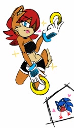 Size: 750x1280 | Tagged: safe, artist:lukitheangelxd, sally acorn, sonic the hedgehog, chipmunk, hedgehog, 2015, duo, female, heart, holding something, lipstick, looking at each other, male, nosebleed, open mouth, pose, ring, sally x sonic, sally's ringblader outfit, shipping, simple background, smiling at them, sparkles, speech bubble, straight, surprised, white background