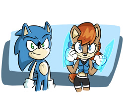 Size: 1024x872 | Tagged: safe, artist:bohemianlizardking, sally acorn, sonic the hedgehog, chipmunk, hedgehog, 2018, abstract background, duo, female, glowing, looking at viewer, male, pose, ringblader, sally x sonic, sally's ringblader outfit, shipping, smile, smiling at viewer, standing, straight