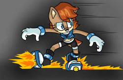 Size: 1024x663 | Tagged: safe, artist:bohemianlizardking, sally acorn, chipmunk, 2018, female, flame, looking offscreen, rocket shoes, sally's ringblader outfit, solo, stopping