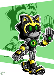 Size: 1024x1413 | Tagged: safe, artist:bohemianlizardking, shard the metal, 2017, echo background, green eyes, greeting, looking at viewer, male, robot, smile, smiling at viewer, solo, walking