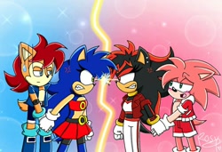 Size: 850x583 | Tagged: safe, artist:rosythehedgehog75, amy rose, sally acorn, shadow the hedgehog, sonic the hedgehog, oc, oc:shardie the hedgehog (rosythehedgehog75), oc:sonica the hedgehog (rosythehedgehog75), chipmunk, hedgehog, 2022, amy x shadow, angry, blushing, clothes, female, gender swap, grin, holding hands, jacket, looking at each other, male, not amused, open mouth, pants, quartet, sally x sonic, sally's ringblader outfit, shipping, shorts, skirt, standing, straight, surprised, sweatdrop