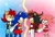 Size: 850x583 | Tagged: safe, artist:rosythehedgehog75, amy rose, sally acorn, shadow the hedgehog, sonic the hedgehog, oc, oc:shardie the hedgehog (rosythehedgehog75), oc:sonica the hedgehog (rosythehedgehog75), chipmunk, hedgehog, 2022, amy x shadow, angry, blushing, clothes, female, gender swap, grin, holding hands, jacket, looking at each other, male, not amused, open mouth, pants, quartet, sally x sonic, sally's ringblader outfit, shipping, shorts, skirt, standing, straight, surprised, sweatdrop