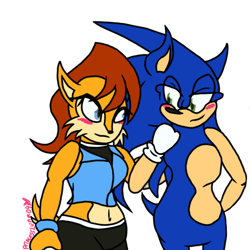 Size: 768x768 | Tagged: safe, artist:princessluna04, sally acorn, sonic the hedgehog, chipmunk, hedgehog, 2021, blushing, duo, english text, female, hand on another's back, looking at each other, male, sally x sonic, sally's ringblader outfit, shipping, smile, smiling at each other, standing, straight, transparent background