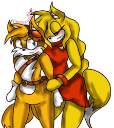 Size: 574x647 | Tagged: safe, artist:princessluna04, miles "tails" prower, zooey the fox, fox, 2021, blushing, clothed, dress, duo, english text, eyes closed, female, hands on another's arms, holding them, looking at them, male, shipping, smile, sonic boom (tv), standing, straight, tailsey, transparent background