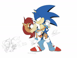 Size: 1280x960 | Tagged: safe, artist:nullofthev0id, sally acorn, sonic the hedgehog, chipmunk, hedgehog, 2024, artist signature, dancing, deviantart watermark, dialogue, duo, english text, female, heart, looking at each other, low res, male, sally x sonic, sally's ringblader outfit, shipping, simple background, sketch, smile, smiling at each other, straight, watermark, white background