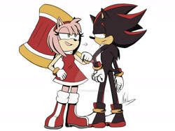 Size: 1280x960 | Tagged: safe, artist:nullofthev0id, amy rose, shadow the hedgehog, hedgehog, 2024, amy x shadow, artist signature, deviantart watermark, duo, female, hand on hip, holding something, looking at them, low res, male, open mouth, piko piko hammer, shipping, shy, simple background, standing, straight, sweatdrop, watermark, weapon, white background