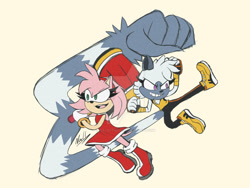 Size: 1280x960 | Tagged: safe, artist:nullofthev0id, amy rose, tangle the lemur, hedgehog, lemur, 2024, artist signature, attacking, charging, deviantart watermark, duo, female, fist, grin, holding something, kicking, looking offscreen, low res, mid-air, open mouth, piko piko hammer, simple background, watermark, weapon, yellow background