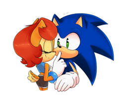 Size: 1186x950 | Tagged: safe, artist:risziarts, sally acorn, sonic the hedgehog, chipmunk, hedgehog, 2020, duo, eyes closed, female, finger on another's mouth, looking at them, male, sally x sonic, shipping, smile, standing, straight, transparent background