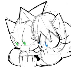 Size: 769x725 | Tagged: safe, artist:doodletch, sally acorn, sonic the hedgehog, chipmunk, hedgehog, 2016, carrying them, duo, female, looking offscreen, male, running, sally x sonic, sally's ringblader outfit, shipping, simple background, sketch, straight, white background