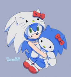 Size: 1200x1309 | Tagged: safe, artist:marimo838, sonic the hedgehog, character doll, cosplay, cute, grey background, hello kitty, holding something, hood, hood up, looking at viewer, sanrio, simple background, smile, solo, sonabetes, stuffed animal