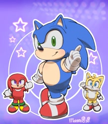Size: 1748x2001 | Tagged: safe, artist:marimo838, knuckles the echidna, miles "tails" prower, sonic the hedgehog, costume, group, looking at viewer, outline, signature, standing, star (symbol), team sonic, trio