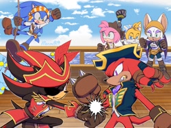 Size: 1500x1122 | Tagged: safe, artist:marimo838, amy rose, knuckles the echidna, miles "tails" prower, rouge the bat, sails, shadow the hedgehog, sonic the hedgehog, boat, clenched fists, clouds, daytime, eyepatch, fight, frown, group, hat, holding something, knuckles the dread, looking at each other, looking at them, mouth open, outdoors, pirate outfit, rope, smile, standing, water