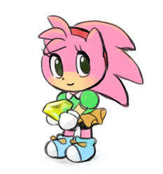 Size: 1048x1126 | Tagged: safe, artist:marimo838, amy rose, amybetes, chaos emerald, classic amy, classic sonic (universe), cute, holding something, simple background, smile, solo, standing, white background