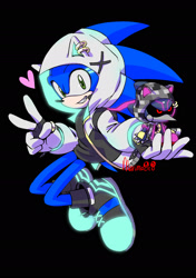 Size: 1500x2128 | Tagged: safe, artist:marimo838, metal sonic, sonic the hedgehog, alternate outfit, black background, character doll, grin, heart, holding something, hood up, hoodie, simple background, smile, solo, v sign
