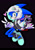 Size: 1500x2128 | Tagged: safe, artist:marimo838, metal sonic, sonic the hedgehog, alternate outfit, black background, character doll, grin, heart, holding something, hood up, hoodie, simple background, smile, solo, v sign