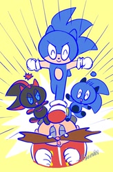 Size: 700x1066 | Tagged: safe, artist:marimo838, robotnik, sonic the hedgehog, chao, human, character chao, eyes closed, group, mouth open, shadow chao, simple background, smile, sonic chao, tears, yellow background