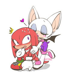 Size: 900x993 | Tagged: safe, artist:marimo838, knuckles the echidna, rouge the bat, blushing, duo, eyes closed, heart, kiss, kiss on head, knuxouge, looking at them, shipping, simple background, sitting, straight, surprise kiss, surprised, white background