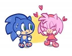 Size: 1524x1180 | Tagged: safe, artist:marimo838, amy rose, sonic the hedgehog, amy x sonic, chibi, cute, duo, eyes closed, hands on own face, heart, looking at them, shipping, simple background, smile, standing, straight, sweat, white background