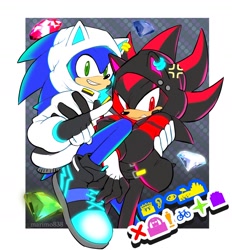 Size: 1540x1663 | Tagged: safe, artist:marimo838, shadow the hedgehog, sonic the hedgehog, border, chaos emerald, cross popping vein, duo, grin, hand on another's shoulder, hood up, hoodie, looking at viewer, smile, white border