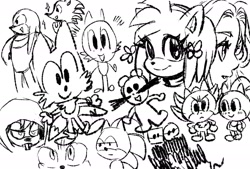 Size: 1748x1181 | Tagged: safe, artist:marimo838, amy rose, cubot, knuckles the echidna, maria robotnik, miles "tails" prower, orbot, shadow the hedgehog, sonic the hedgehog, human, greyscale, group, monochrome, simple background, sketch, sketch page, smile, white background