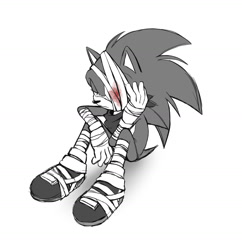 Size: 1415x1462 | Tagged: safe, artist:marimo838, sonic the hedgehog, bandage, bandage over one eye, blood, lidded eyes, simple background, sitting, solo, sonic boom (tv), white background
