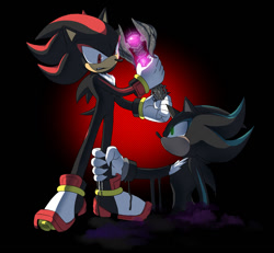 Size: 1000x925 | Tagged: safe, artist:marimo838, mephiles the dark, shadow the hedgehog, sonic the hedgehog (2006), duo, hand on another's leg, holding something, looking at each other, looking at them, scepter, scepter of darkness, standing