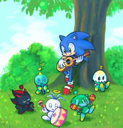 Size: 1610x1672 | Tagged: safe, artist:marimo838, sonic the hedgehog, chao, chaobetes, character chao, cute, daytime, drum, eggshell, eyes closed, grass, group, guitar, holding something, microphone, mouth open, neutral chao, outdoors, playing music, shadow chao, smile, sonabetes, standing, tree