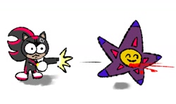 Size: 1548x916 | Tagged: safe, artist:marimo838, black doom, shadow the hedgehog, blood, cross popping vein, doom's eye, duo, eyes closed, gun, holding something, injured, looking at them, shadow the hedgehog (video game), shooting, simple background, smile, standing, white background